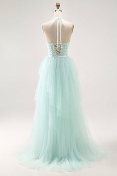 Sparkly Light Green Detachable Train Halter Long Prom Dress with Beading