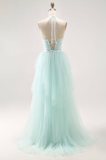 Sparkly Light Green Detachable Train Halter Long Prom Dress with Beading