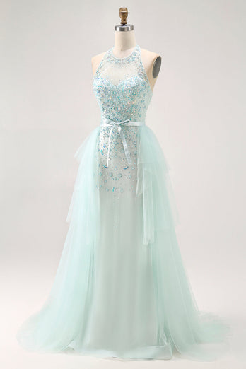 Sparkly Light Green Detachable Train Halter Long Prom Dress with Beading