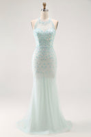 Load image into Gallery viewer, Sparkly Light Green Detachable Train Halter Long Prom Dress with Beading