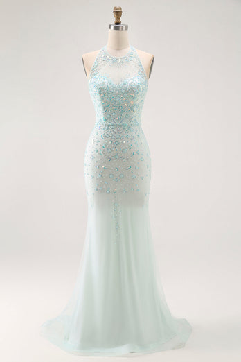 Sparkly Light Green Detachable Train Halter Long Prom Dress with Beading