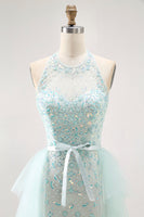 Load image into Gallery viewer, Sparkly Light Green Detachable Train Halter Long Prom Dress with Beading