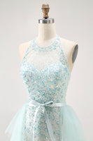 Load image into Gallery viewer, Sparkly Light Green Detachable Train Halter Long Prom Dress with Beading