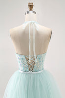Load image into Gallery viewer, Sparkly Light Green Detachable Train Halter Long Prom Dress with Beading