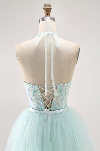 Sparkly Light Green Detachable Train Halter Long Prom Dress with Beading
