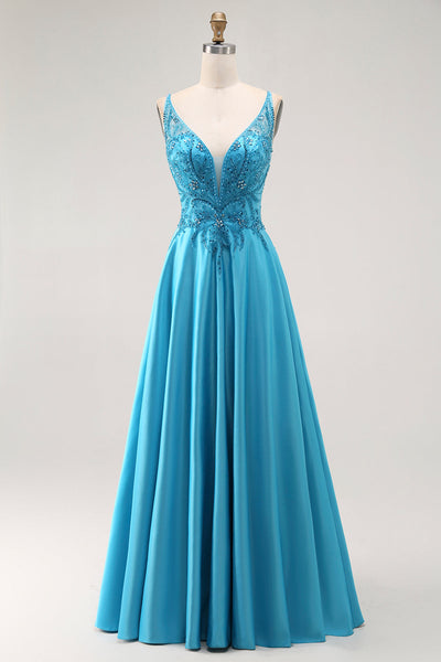 Sparkly Blue Satin A Line Long Prom Dress with Beading