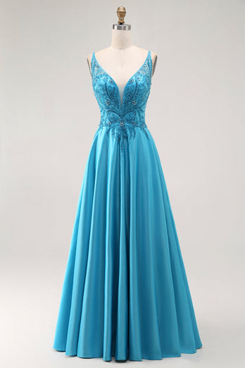 Sparkly Blue Satin A Line Long Prom Dress with Beading