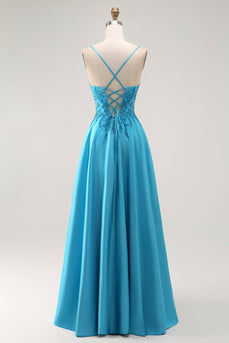 Sparkly Blue Satin A Line Long Prom Dress with Beading