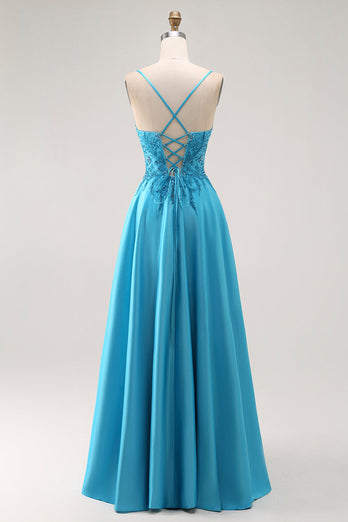 Sparkly Blue Satin A Line Long Prom Dress with Beading