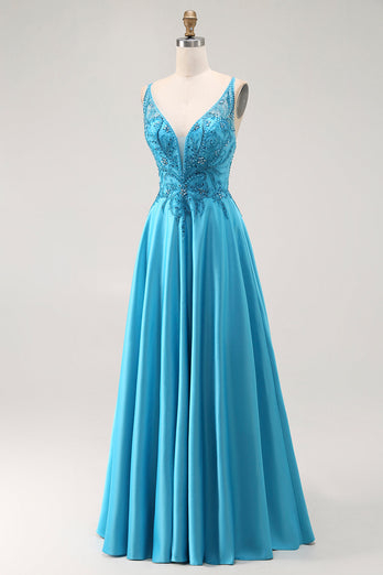 Sparkly Blue Satin A Line Long Prom Dress with Beading