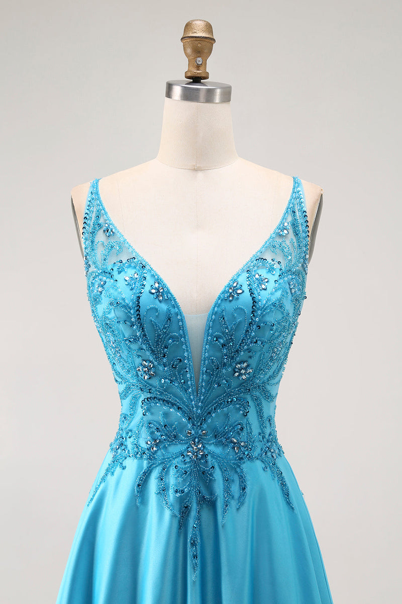 Load image into Gallery viewer, Sparkly Blue Satin A Line Long Prom Dress with Beading