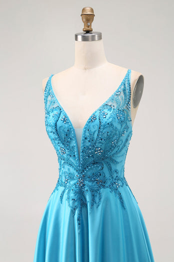 Sparkly Blue Satin A Line Long Prom Dress with Beading