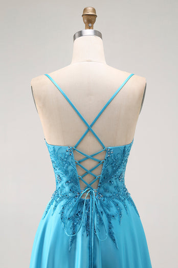 Sparkly Blue Satin A Line Long Prom Dress with Beading
