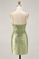 Load image into Gallery viewer, Sparkly Sage Green Tight Satin Sequined Short Corset Homecoming Dress