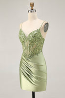 Load image into Gallery viewer, Sparkly Sage Green Tight Satin Sequined Short Corset Homecoming Dress