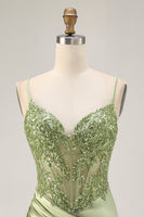 Load image into Gallery viewer, Sparkly Sage Green Tight Satin Sequined Short Corset Homecoming Dress