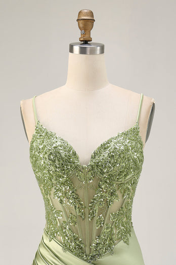 Sparkly Sage Green Tight Satin Sequined Short Corset Homecoming Dress