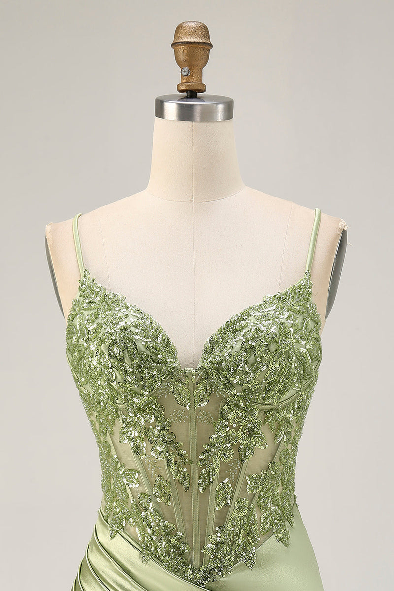 Load image into Gallery viewer, Sparkly Sage Green Tight Satin Sequined Short Corset Homecoming Dress