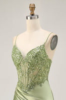 Load image into Gallery viewer, Sparkly Sage Green Tight Satin Sequined Short Corset Homecoming Dress