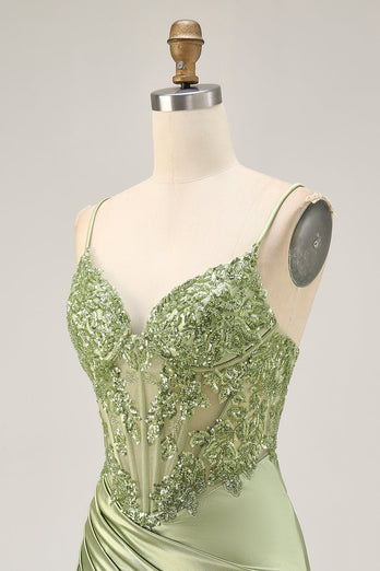 Sparkly Sage Green Tight Satin Sequined Short Corset Homecoming Dress
