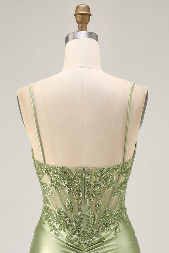 Sparkly Sage Green Tight Satin Sequined Short Corset Homecoming Dress