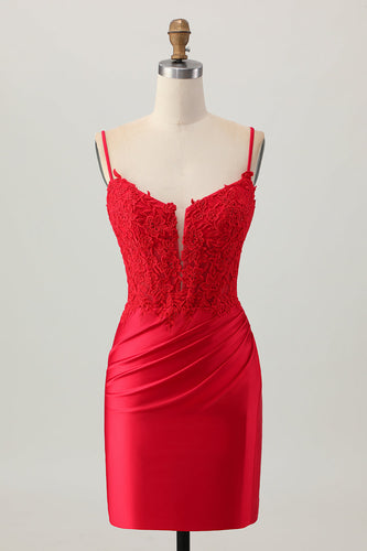 Red Satin Tight Short Corset Homecoming Dress with Lace