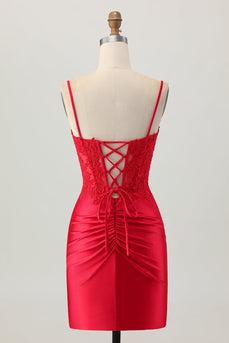 Red Satin Tight Short Corset Homecoming Dress with Lace