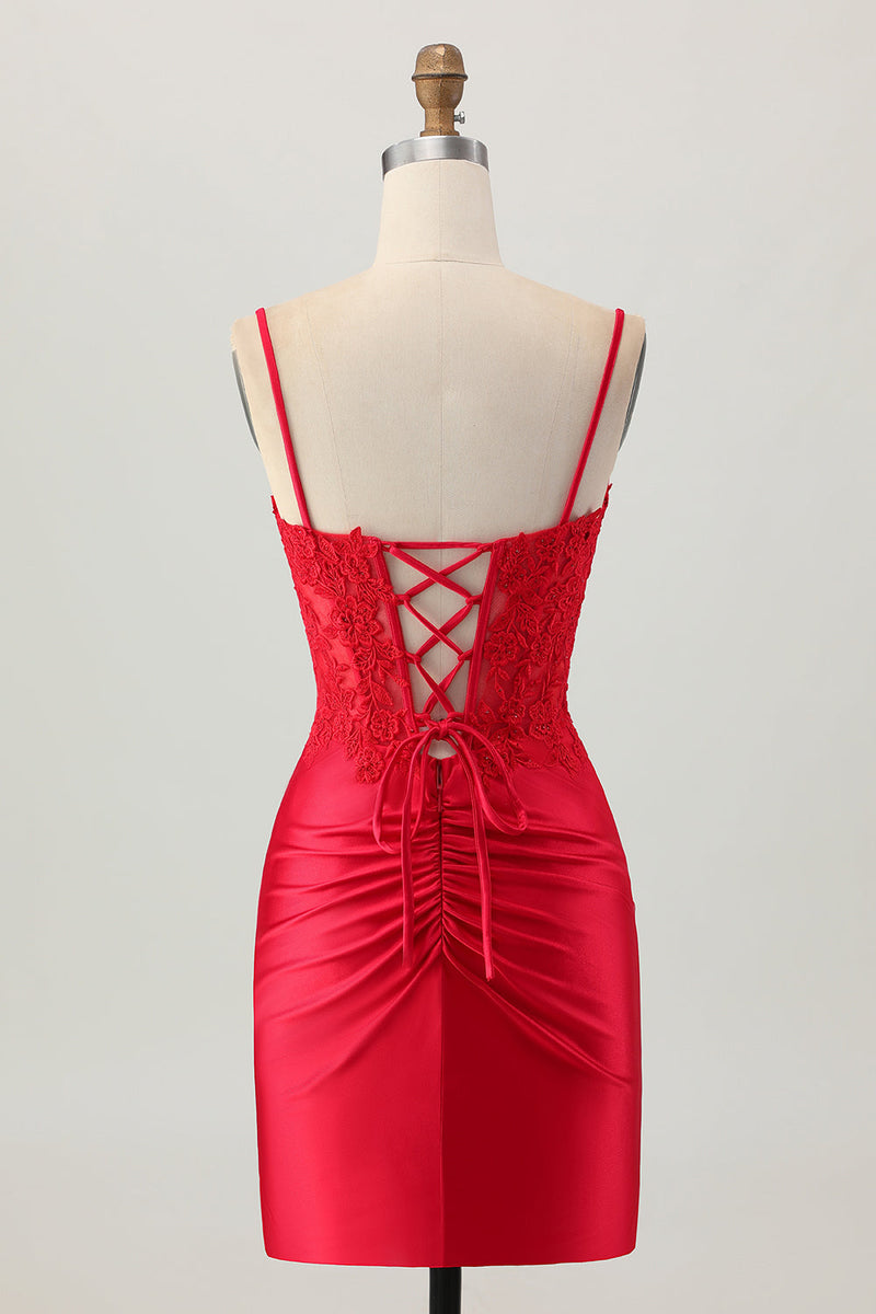 Load image into Gallery viewer, Red Satin Tight Short Corset Homecoming Dress with Lace