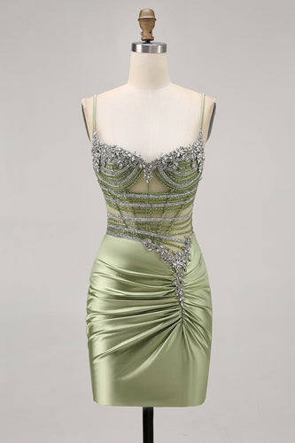 Sparkly Sage Green Tight Beaded Short Corset Homecoming Dress