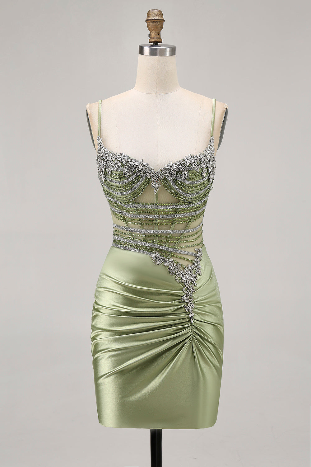 Sparkly Sage Green Tight Beaded Short Corset Homecoming Dress