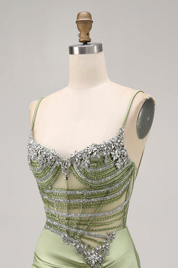 Sparkly Sage Green Tight Beaded Short Corset Homecoming Dress