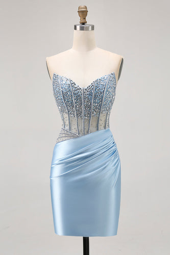 Sparkly Light Blue Tight Ruched Short Corset Homecoming Dress
