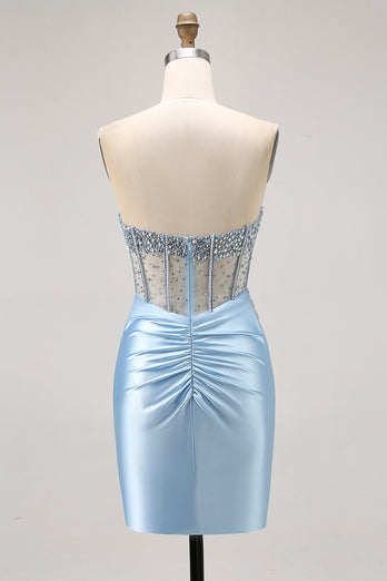 Sparkly Light Blue Tight Ruched Short Corset Homecoming Dress