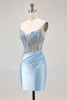 Load image into Gallery viewer, Sparkly Light Blue Tight Ruched Short Corset Homecoming Dress