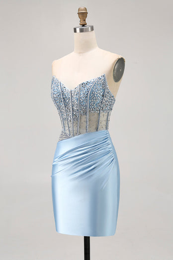 Sparkly Light Blue Tight Ruched Short Corset Homecoming Dress