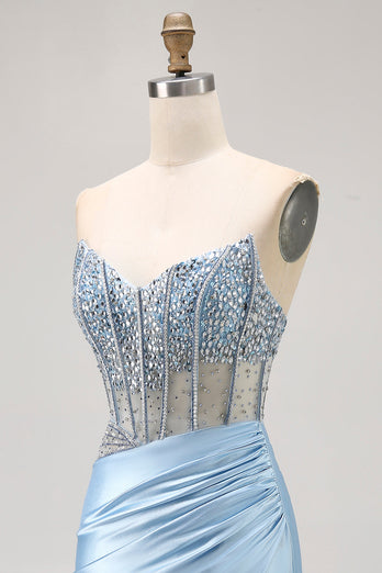 Sparkly Light Blue Tight Ruched Short Corset Homecoming Dress