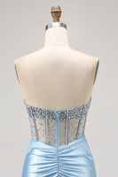 Load image into Gallery viewer, Sparkly Light Blue Tight Ruched Short Corset Homecoming Dress