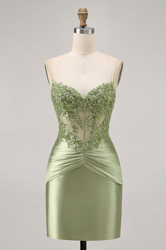Sparkly Green Satin Tight Short Corset  Homecoming Dress with Beading