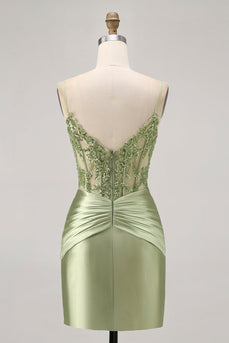 Sparkly Green Satin Tight Short Corset  Homecoming Dress with Beading