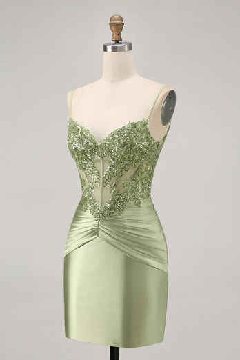 Sparkly Green Satin Tight Short Corset  Homecoming Dress with Beading