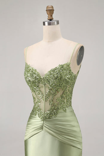 Sparkly Green Satin Tight Short Corset  Homecoming Dress with Beading