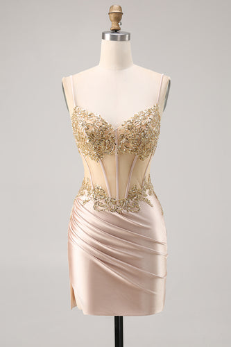 Sparkly Champagne Lace Short Corset Tight Homecoming Dress