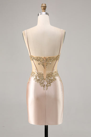 Sparkly Champagne Lace Short Corset Tight Homecoming Dress