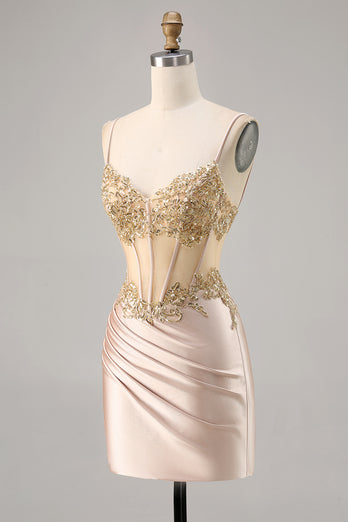 Sparkly Champagne Lace Short Corset Tight Homecoming Dress