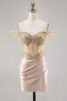 Load image into Gallery viewer, Sparkly Short Champagne Corset Satin Homecoming Dress with Lace