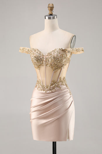 Sparkly Short Champagne Corset Satin Homecoming Dress with Lace