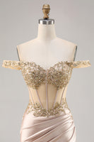 Load image into Gallery viewer, Sparkly Short Champagne Corset Satin Homecoming Dress with Lace