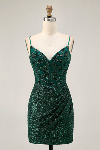 Sparkly Dark Green Sequins V-Neck Short Corset Homecoming Dress