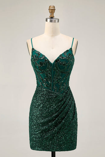 Sparkly Dark Green Sequins V-Neck Short Corset Homecoming Dress