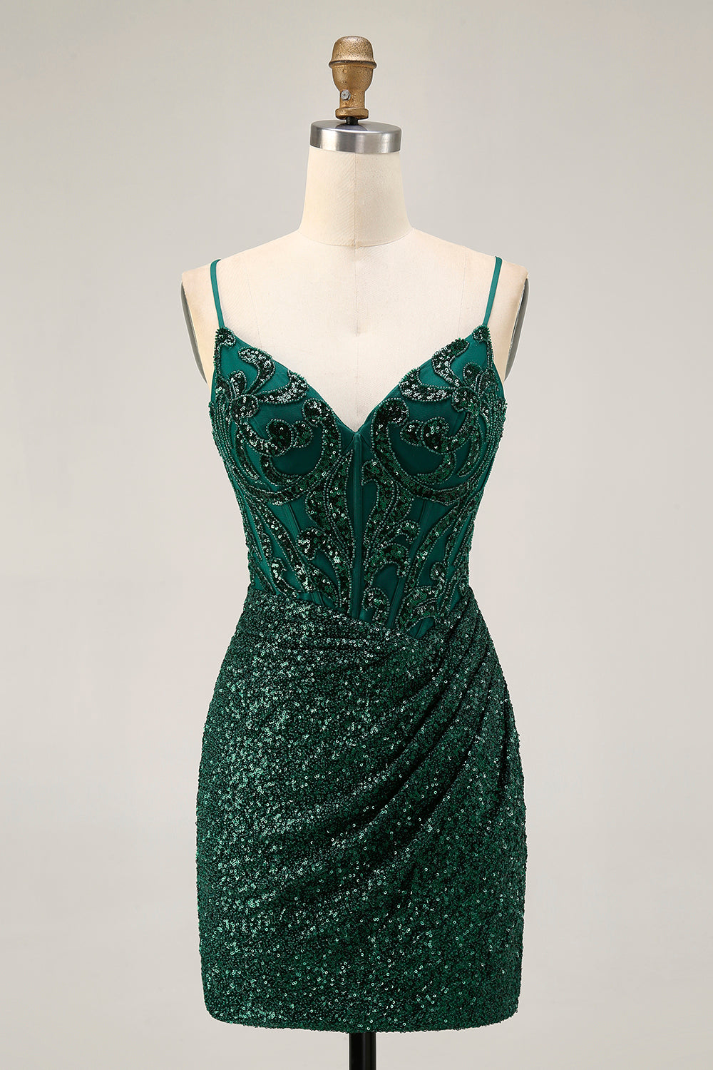 Sparkly Dark Green Sequins V-Neck Short Corset Homecoming Dress